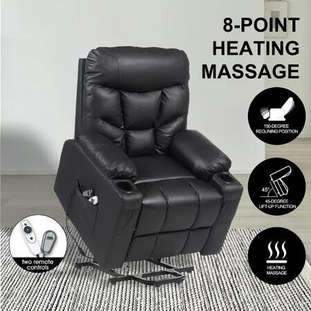 Electric Recliner Chair Lift Massage 8 Point Heated Massaging Lounge Sofa Leather Armchair Power Riser Assist Senior Elderly Aged Care Single Black