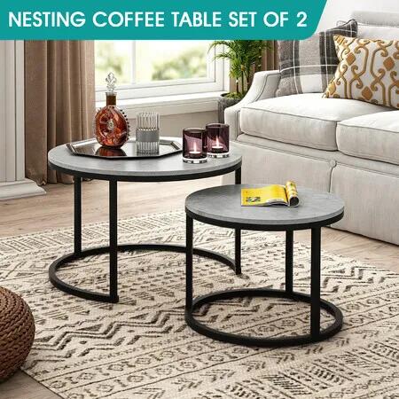 Round Nesting Coffee Table Set of 2 Large Circle Faux Marble Top Bed Sofa Side End Modern Living Room Furniture Metal Frame Space Saving Cafe Lounge