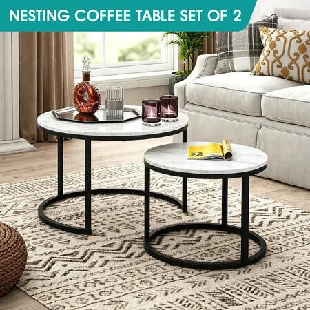 2 Round Coffee Table Set Nesting Bedside Sofa Side End Tea Cafe Nightstand Couch Lounge Lamp Modern Faux Marble Top Living Room Space Saving Furniture