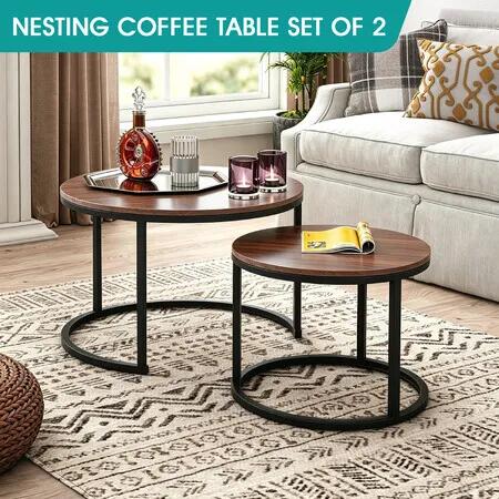 2 Piece Coffee Table Round Nesting Bed Sofa Side End Lamp Tables Industrial Space Saving Furniture for Cafe Tea Lounge Living Room Wood Grain Top
