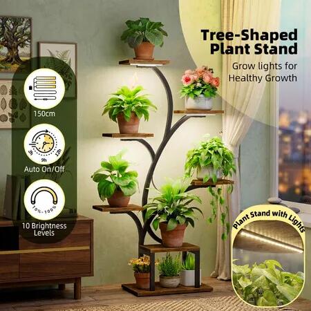 7 Tiered Plant Stand with LED Grow Lights Timer Adjustable Brightness 1.2m Tall Indoor Metal Corner Flower Pot Holder Shelf Rack Storage Display Unit