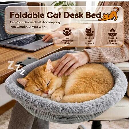Cat Bed Large Foldable Cat Desk Bed Hammock Table Mounted Soft Kitten Kitty Nest Perch Home Office Desktop Space Saving Sleep Lounger Washable Cushion