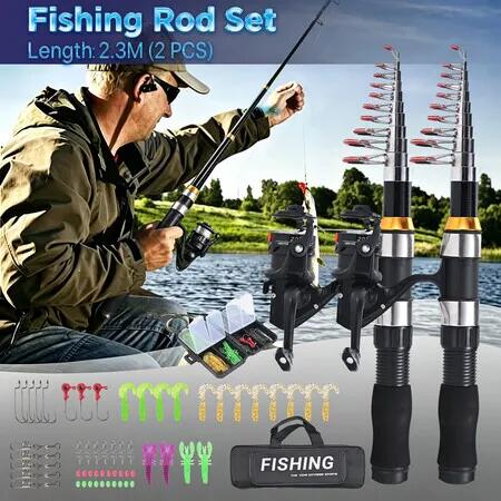 2.3m Fishing Rod and Reel Combo Gear Set Telescopic Spinning Reels Tackle Box Soft Lures Hooks Carry Bag Portable Kit for Sea Saltwater Freshwater