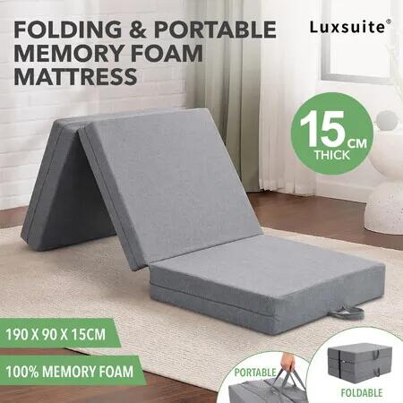Luxsuite Tri-Fold Memory Foam Folding Mattress Single Portable Floor Cushion Washable Cover Foldable for Camping Caravan Travel Guests 190x90x15cm