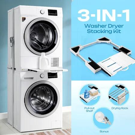 Washer Dryer Stacking Kit 3 in 1 Universal Adjustable 24-29 Inch Washing Machine Stacker Laundry Organiser Pull Out Drying Rack Shelf Ratchet Strap