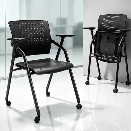 Wheeled Folding Office Chair Ergonomic Nesting Metal Frame Computer Desk Seating Armrest Conference Meeting Training Dining Room Reception Guest 200kg