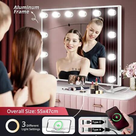 Hollywood Vanity Mirror 12 Lights Dimmable LED Bulbs Tabletop Lighted Makeup Beauty Touch Adjustable Brightness USB Charging Ports Aluminium 55x47cm