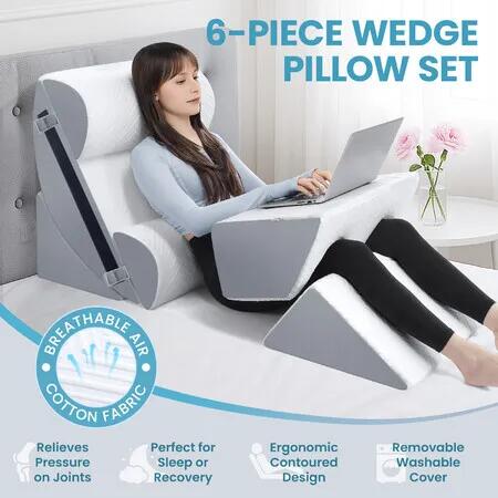 Bedding Wedge Pillow Bed Cushion Foam Back Neck Head Support Lumbar Leg Elevation Raiser Adjustable Triangle Rest Sleep Reading Cotton Fabric 6PCS Set