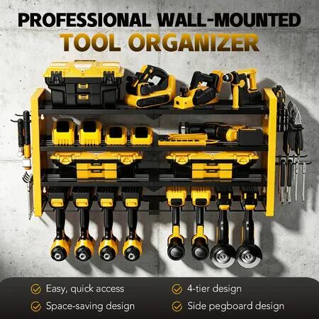 Power Tool Organiser 4 Tier Garage Shelving Unit Wall Mounted Metal Storage Rack 8 Cordless Drill Wrench Holder Hanger Warehouse Shelves Pegboards