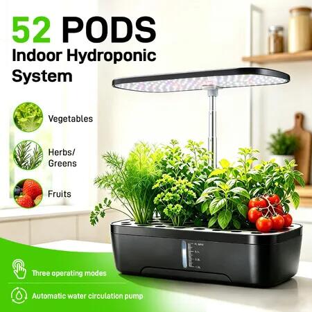 52 Pods Hydroponics Growing System Indoor Herb Vegetable Garden Kit Plant Germination Full Spectrum 20W LED Grow Light 4L Smart Planter Water Pump