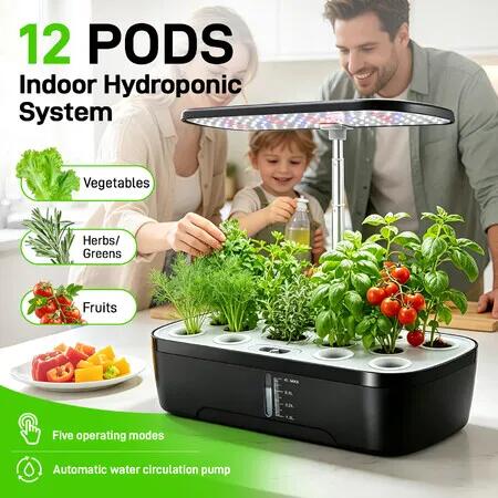 Hydroponics Growing System Indoor Herb Garden Kit 12 Pods 4L Germination Planter Full Spectrum LED Grow Light Water Pump Adjustable Height Auto Timer
