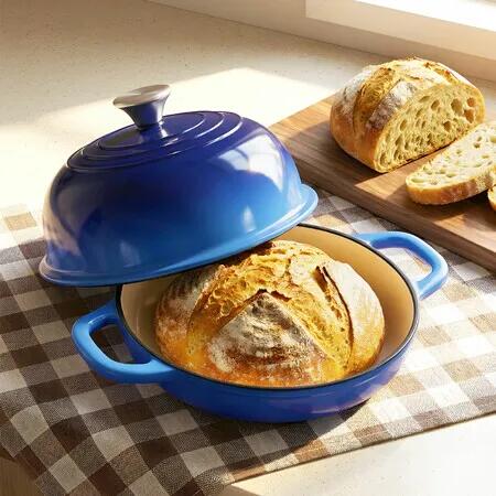 Cast Iron Dutch Oven 24cm Kitchen Bread Baking Pot Cookware Enamelled Lid Handles Round Casserole Dish for Sourdough Roasting Braising Stewing Blue