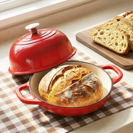 Cast Iron Dutch Oven 24cm Kitchen Bread Baking Pot Cookware Enamelled Lid Handles Round Casserole Dish for Sourdough Roasting Braising Stewing Red