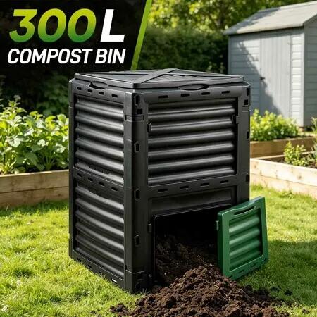 Outdoor Compost Bin 300L Plastic Garden Composter Box Top Lid Bottom Door Fast Composting Organic Fertiliser Maker Aeration Vents Kitchen Scraps Waste