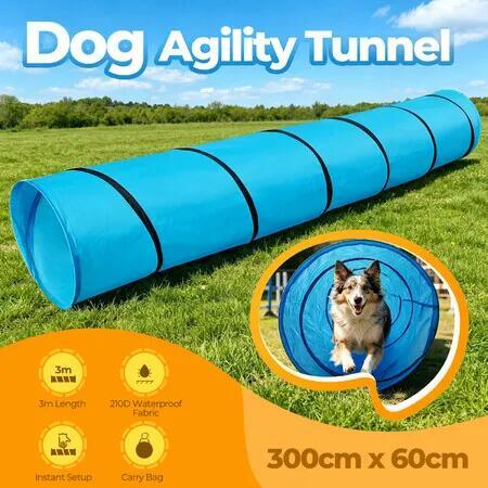 Pet Dog Cat Agility Tunnel 3m Portable Doggy Puppy Training Cave Chute Waterproof Exercise Equipment Crawl Pop Up Play Toy w/ Carry Bag Ground Stakes