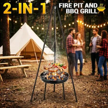 2 in 1 Tripod BBQ Grill Fire Pit Set Portable Outdoor Picnic Wood Charcoal Brazier Heater Adjustable Hanging Cooking Grate for Camping Patio Backyard