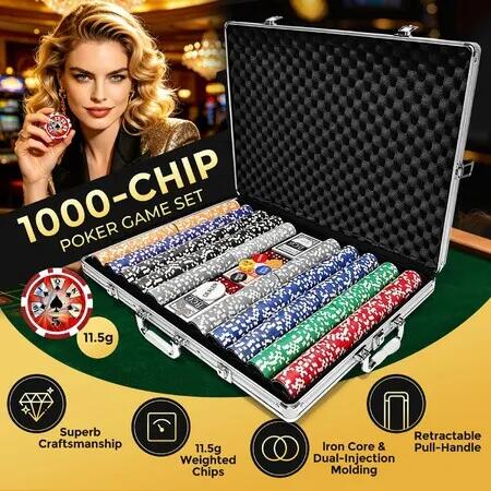 1000PCS Casino Poker Chips Game Play Set Professional Texas Holdem Blackjack Cards Dice Blinds Gambling Party Club Locking Aluminium Trolley Case