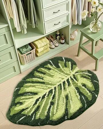 Bathroom Rugs Bath Mat Shower Floor Bathmat Non Slip Absorbent Washable Carpet Monstera Deliciosa Embossed Leaf Shaped, 60 x 80 cm