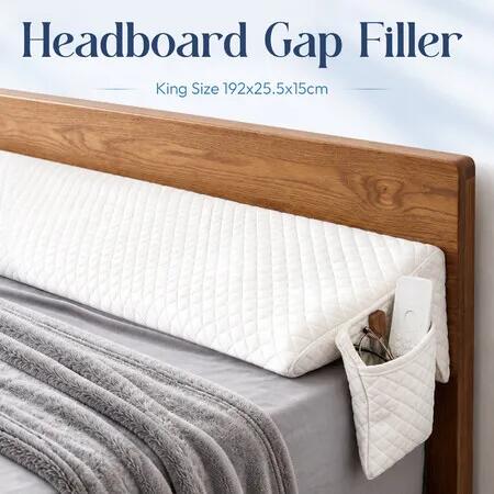 Headboard Gap Filler Bed Wedge Pillow King 4-in-1 Triangle Mattress Blocker 192cm Sponge Bolster with Removable Washable Quilted Cover Side Pockets White