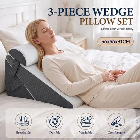 Bed Wedge Pillow Set 3-Piece Memory Foam Ergonomic Support Cushion for Sleeping Incline Back Leg Body Posture Lounging Reading White Grey Soft Fabric