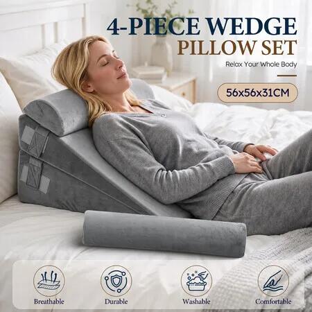 Bed Wedge Pillow Set 4-Piece Ergonomic Adjustable Foam Support Cushion for Sleeping Incline Back Rest Leg Elevation Body Relaxing Reading Velvet Grey