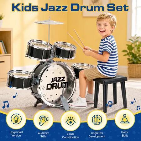 Kids Jazz Drum Set Toddlers Musical Educational Instrument Toy Kit Childrens Percussion Learning Preschool Playset Birthday Gift with Drumsticks Stool