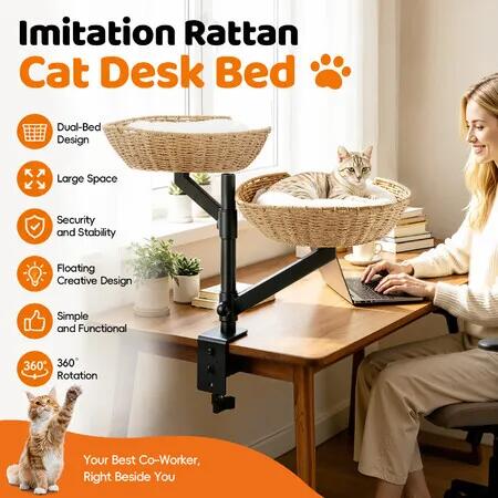 Wicker Cat Desk Bed Attachment Dual Swivel Elevated Nest Perch Clamp-on Table Stand Hammock Couch Baskets Soft Cushion Rattan Indoor Pet Furniture