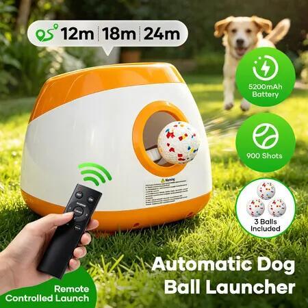 Large Dog Ball Launcher Thrower Auto Tennis Fetch Toy Interactive Automatic Throwing Machine Remote Adjustable Distance Outdoor Pet Play with 3 Balls