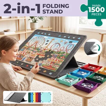 1500 Piece Jigsaw Puzzle Board Adjustable Tilting Foldable Non Slip Felt Games Table 6 Sorting Trays Cover Lightweight Portable Display Holder 90x64cm