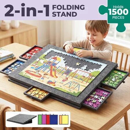 1500 Piece Jigsaw Puzzle Board Game Table 6 Sorting Drawers Trays Non Slip Felt Mat Foldable Portable Lightweight Storage Organiser for Adults 90x63cm