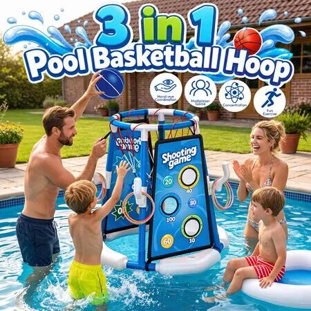 Pool Basketball Hoop 3-in-1 Floating Set Kids Water Games Ring Toss Target Backyard Activity Toys Floating Stand Inflatable Pump Outdoor Summer Party