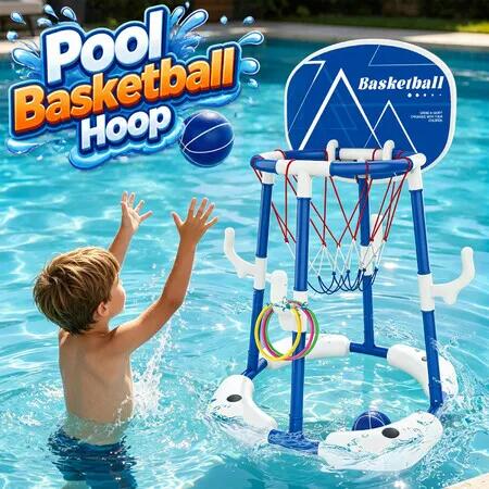 Pool Basketball Hoop Floating Set with Backboard Ring Toss Inflatable Water Game Stand 2-in-1 Swimming Backyard Toys Kids Outdoor Summer Play Centre