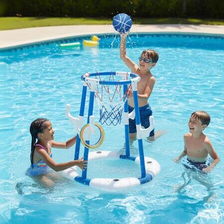 Swimming Pool Basketball Hoop Rings Floating Water Station Sports Toys Game Playset Outdoor Poolside Summer Activity Sensory Play Ground Ball Pump