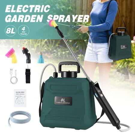8L Electric Weed Sprayer Battery Powered with 4 Mist Nozzles Retractable Wand Rechargeable Garden Lawn Farm Control Disinfection Spray Car Cleaning
