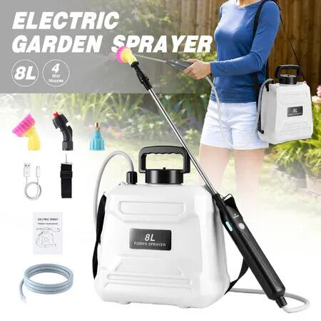 8L Electric Weed Sprayer Battery Powered with 4 Mist Nozzles Retractable Wand Rechargeable Garden Lawn Farm Control Disinfection Spray Car Wash White