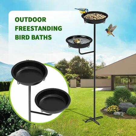 Bird Bath Feeder Station Outdoor Garden Water Food Dispenser Bowls Trays Standing Feeding Birdbath 4-Prong Base Steel Stake for Lawn Yard Wild Birds
