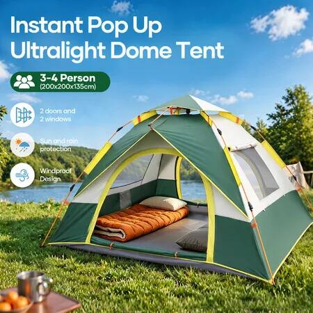 3-4 Person Pop Up Tent Instant Beach Shelter Camping Family Sun Rain Shade Outdoor Water Resistant Automatic Hiking Picnic Dome Portable 200x200x135cm