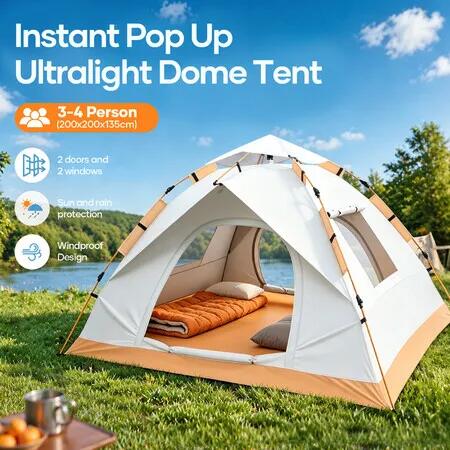 Instant Pop Up Tent 3-4 Person Beach Shelter Camping Family Sun Rain Shade Outdoor Water Resistant Automatic Hiking Picnic Dome Portable 200x200x135cm