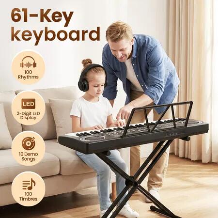 61 Keys Electronic Keyboard Piano for Beginners Portable Digital Electric Music Instrument 100 Tones Rhythms Dual Speakers Microphone Power Adapter