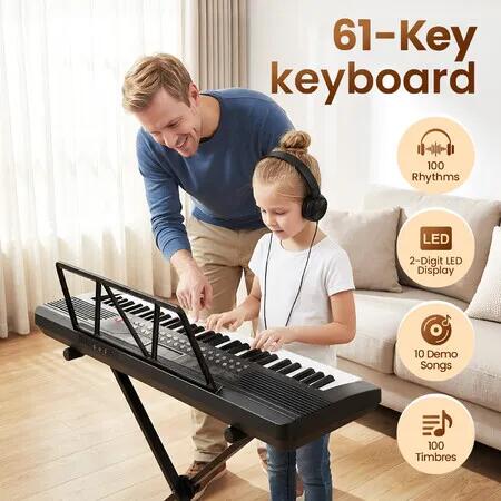 61 Key Digital Keyboard Piano Illuminated Keys Portable Electronic Beginners Electric Musical Instrument 100 Tones Rhythms 10 Demo Songs Microphone