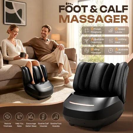 Heated Electric Foot and Calf Massager Machine Airbag Compression Shiatsu Kneading Rolling Relaxation Massaging Auto Shut Off Timer for Home Office