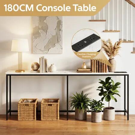 Narrow Console Table Hall Entryway Bar Behind Side Sofa Couch Accent Long Slim Storage Shelf USB Charging Station Marble Effect Top Desk 180x20x78cm