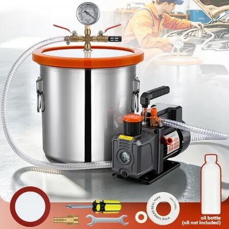 3 Gallon Vacuum Chamber Pump Set 3 CFM 1/4 HP 1 Stage Resin Silicone Degassing Pot Stainless Steel Tempered Glass Lid HVAC Air Conditioning Packaging