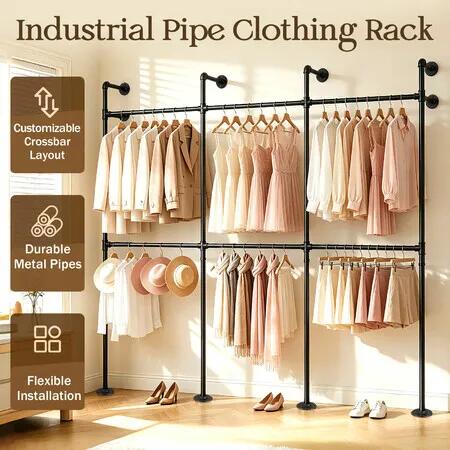 Industrial Pipe Clothing Rack Wardrobe Organiser Garment Rail 6 Hanging Bars Wall Mounted Adjustable Walk In Closet Clothes Storage Display 296x223cm