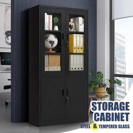 Steel Filing Cabinet Lockable Office Storage Cupboard 5 Tier Metal Locker File Folder Shelves Garage Organiser with Tempered Glass Doors 185x90x40cm