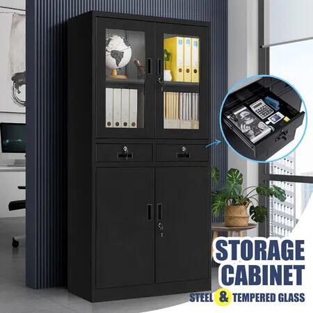 185cm Steel File Cabinet Lockable Office Filing Storage Cupboard Stationery Locker 2 Drawers 4 Shelves Tempered Glass Doors Metal Garage Organiser