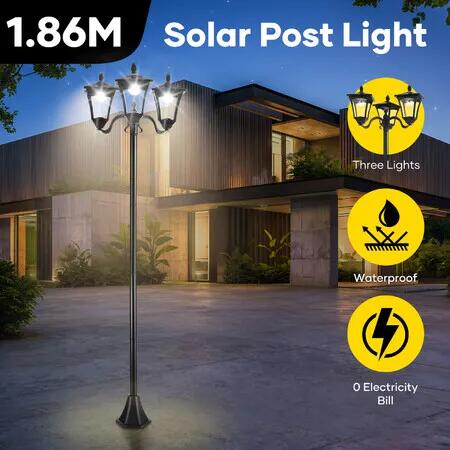 186cm Solar LED Light Post Outdoor Street Pathway Garden Security Pole Lamp Driveway Pathway Patio Yard Energy Powered Pillar Lantern Three Lights