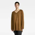 Oversized V-Neck Knitted Sweater - Brown - Women