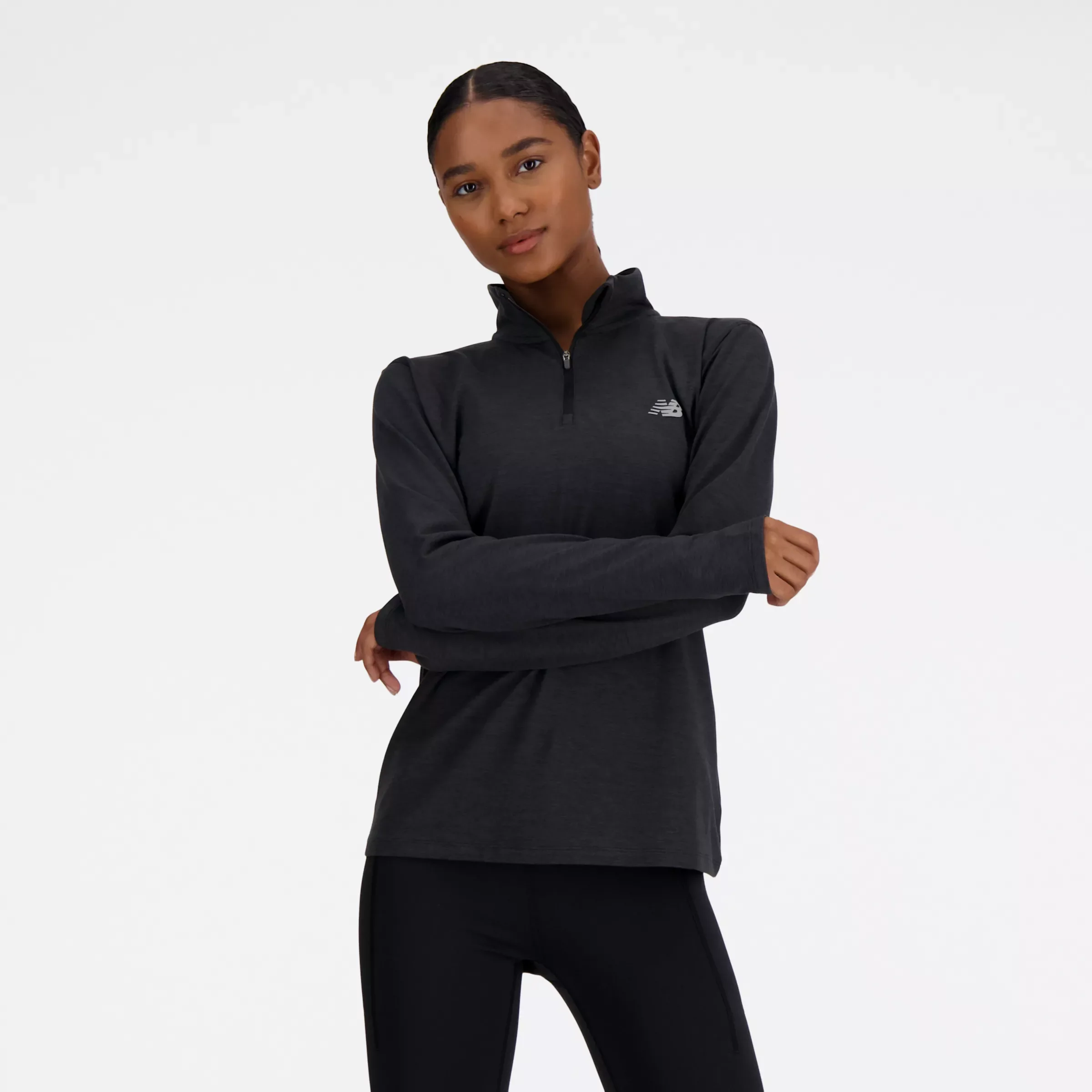 New Balance Women's Tops Sport Essentials Space Dye 1/4 Zip Caviar Heather - Size L