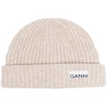 GANNI logo-patch ribbed beanie - Neutrals